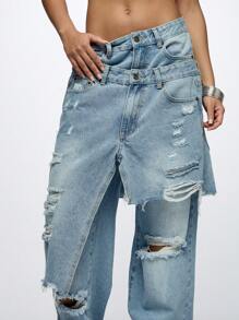 SUMWON WOMEN Wide Leg Distressed Jeans Y2K Fashion Double Waistband Ripped Boyfriend Style Raw Hem Street Wear Grunge Aesthetic Spring Summer Denim Pants - Baby Blue - View 6
