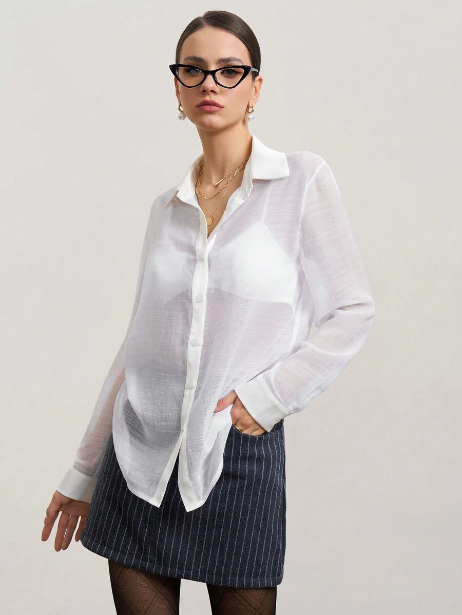 SHEIN Unity Women's Solid Color Button Down Long Sleeve Simple Shirt, Casual Everyday Wear - White - View 1