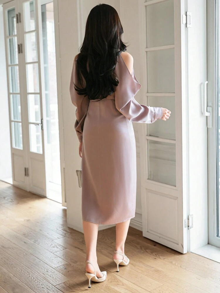 Solid Color Twist V-Neck Off Shoulder Split Hem Midi Dress For Women Shirt Dress,Fall Dress Long Sleeve Dress