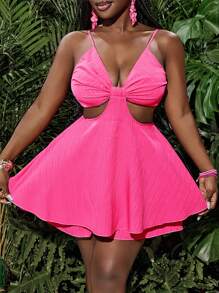 Slaydiva ملابس نسائية كاجوال للربيع والصيف رافع الصدر والخصر المجعد والطبقات المتعددة من الذيل على شكل حرف A، بقماش منسوج بنسيج مخطط أحمر وردي - لون برتقالي - مشاهدة 1