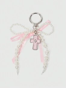 ROMWE Kawaii 1pc Pink Bow Pearl Cross Keychain, Y2K Bag Charm - Multicolor - View 2