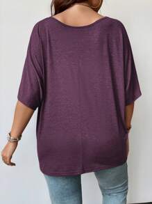 SHEIN CURVE+ 女士加大码简约纯色蝙蝠袖 T 恤，休闲时尚，适合日常穿着 - 紫色 - 查看 2