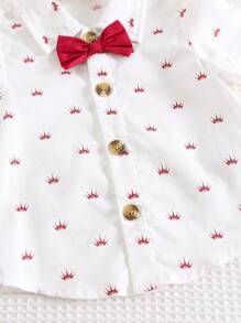 Cozy Pixies 2pcs Baby Boy Elegant Crown Pattern Contrast Color Bowknot Lapel Short Sleeve Shirt And Overalls Shorts Set, Formal Occasion - Burgundy - View 4