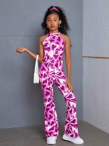 SHEIN Tween Girl Fitted Casual Heart Print Sleeveless Top And Flared Long 2 Pieces Set - Purple - View 6