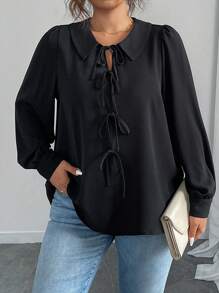 Flirla 大码 V 领主教袖系带黑色衬衫