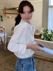 DAZY 女士休闲刺绣宽松长袖翻领衬衫，时尚百搭，适合春夏秋装