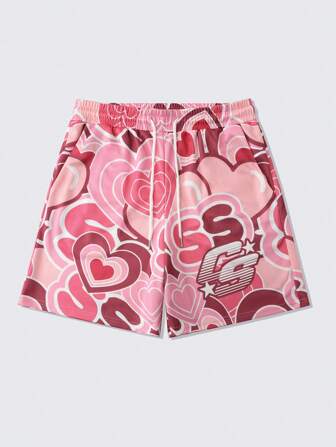 Anime Herren Shorts mit Herz-Muster und Schnürung für die Taille, ideal für den Urlaub