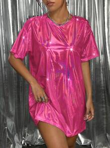 SHEIN ICON 超大偏光涂层 T 恤迷你连衣裙 - 玫紅色 - 查看 4