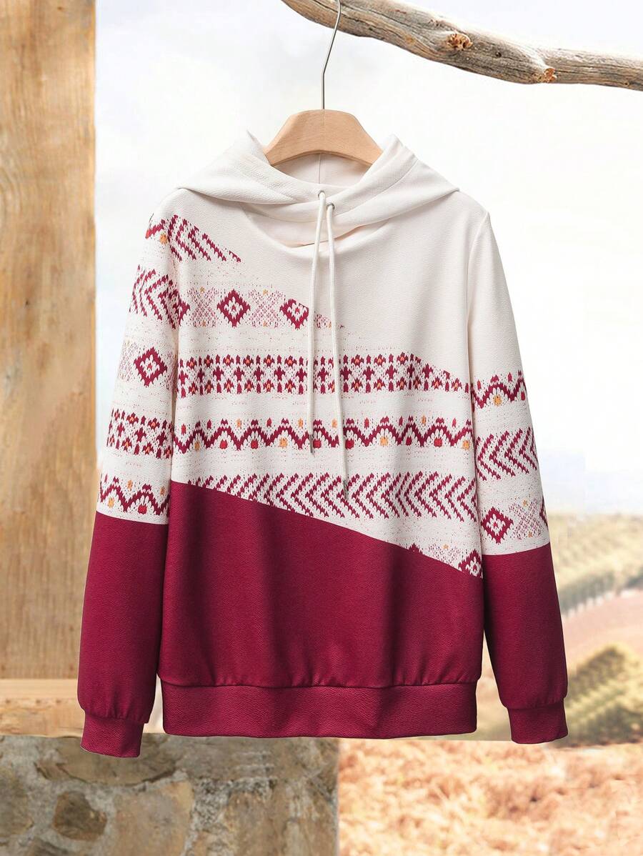 SHEIN LUNE Sweat-shirt à capuche décontracté avec cordon de serrage et imprimé géométrique pour femmes, automne - Rouge foncé - Voir 1