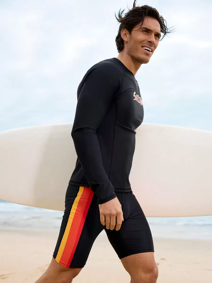 Manfinity Swimmode 2pcs/Set Men Letter Print Round Neck Long Sleeve Casual Top And Shorts Set