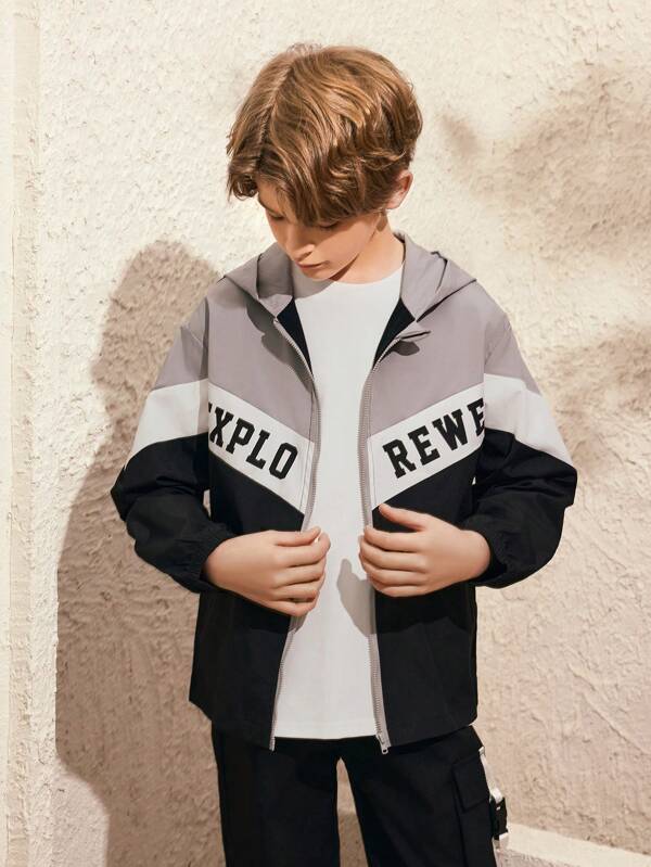 SHEIN 2 Paquetes de Conjunto de Abrigo de Trinchera para Niños con Cremallera y Letras Estampadas, Chaqueta con Capucha y Pantalón Largo Estrechado con Bolsillos 3D, Adecuado para el Día de San Valentín, Uso Escolar/Salidas y Cualquier Ocasión