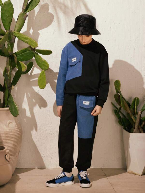 SHEIN Conjunto de 2 piezas para niños preadolescentes con estilo urbano informal, que incluye un jersey de mezclilla de manga larga con cuello redondo y pantalón largo de mezclilla combinados, cómodo, suave y amigable con la piel, apto para primavera, verano y otoño. Este conjunto de 2 piezas para niños preadolescentes es adecuado para diversas ocasiones como fotografía urbana, actividades al aire libre, uso diario, reuniones escolares y talla grande.