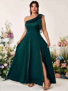 Cravure Đầm dự tiệc chữ A xẻ tà cổ chữ V không tay thắt nơ màu trơn satin cỡ lớn - Màu xanh lá cây đậm - Xem 7