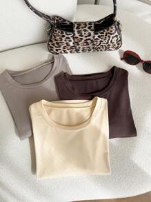 Comfortcana 3pcs/Pack Plus Size Basic Crew Neck Short Sleeve Colorful T-Shirts Top For Spring - Multicolor - View 6