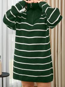 EURMUSE Plus Striped Pattern Drop Shoulder Sweater - Green - View 3