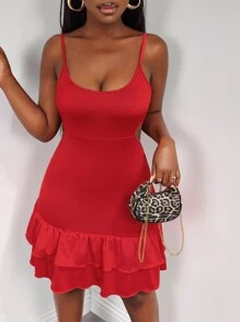 SHEIN Clasi Women Spaghetti Strap Ruffle Hem Short Dress - Red - View 1