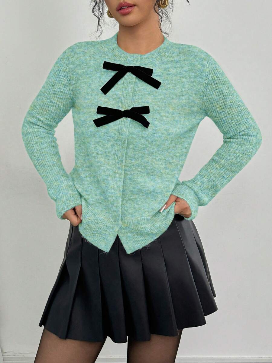 Selianne Women's Casual Bow Decor Mixed Material Cardigan, Autumn/Winter Fall Cloth For Women - Mint Green - View 1