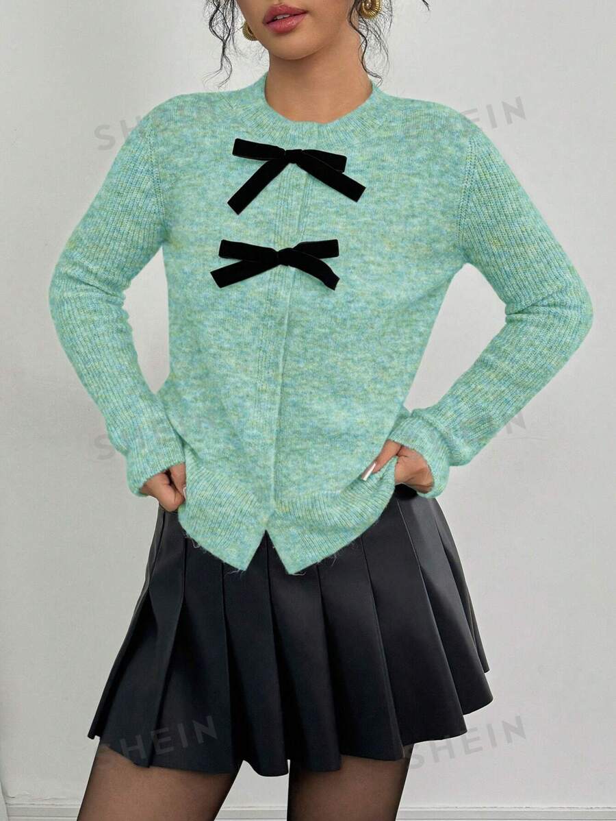 Selianne Women's Casual Bow Decor Mixed Material Cardigan, Autumn/Winter Fall Cloth For Women - Mint Green - View 1