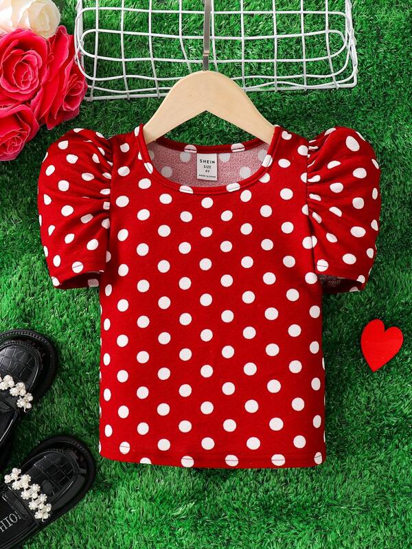 Young Girl Knitted Polka Dot Square Neck Casual Close-Fitting T-Shirt