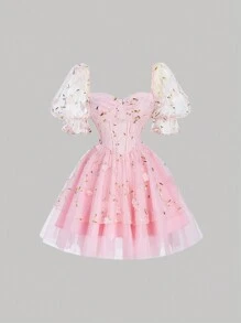SHEIN MOD Pink Gorgeous Fantasy Three-Dimensional Flower Mesh Embroidery Cake Dress, Brunch Dress, Date Dress, Party Dress, Festival Dress, Birthday Dress, Tutu Dress,Valentine's Day,Kawaii Clothes,Spring Dress