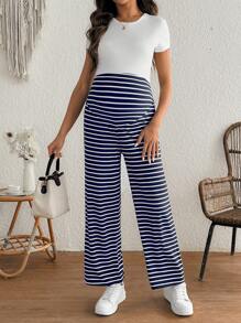 SHEIN Maternity Simple Striped Adjustable Casual Pants, For Everyday Wear - Navy Blue - View 4