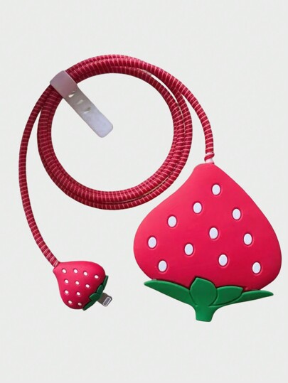 Kawaii 4pcs/Set Cute & Sweet Strawberry Design PD Interface Charging Cable, Including UK Plug Cable, Charger Head Cover, Charging Cable Protector Cover, Cartoon Charger Protector Case, Fast Charging Data Cable Organizer