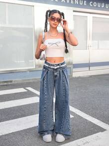 SHEIN Teenager Mädchen Weite Jeans mit Vintage Blau, weitem Bein, plissiertem Bund und Spitzenband