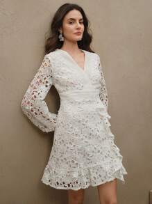 Anewsta Elegante vestido mini de fiesta con escote en V ajustado y estampado de retazos para mujeres - Blanco - Ver 4