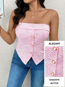 SHEIN Essnce Plus Size Women's Jacquard Knit Patterned Bandeau Top, "Valentine's Pink Lover" For Summer