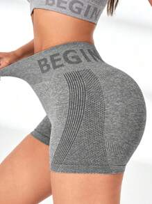 Women High Waist Simple Letter Pattern Detail Casual Sports Shorts Biker Shorts