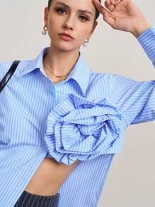 SURIMA Women Striped Long Sleeve Casual Shirt With 3D Floral Decor Single Button, Autumn