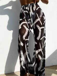 SHEIN Swim Women's Vacation Brush Print Elastic Waist Loose Coverup & Pants Set - Black and White - View 3