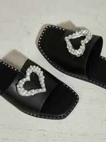 SHUZIA Women's Rhinestone Faux Pearl Decoration Fashionable & Comfortable Round-Toe Flat Sandals For Daily Wear Spring Shoes Spring Break Easter - Black - View 7