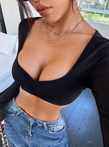 SHEIN EZwear 女士纯色心形领褶饰修身短款上衣 - 黑色 - 查看 4