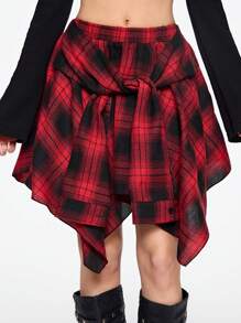 ROMWE Grunge Punk Grunge Vintage Distressed Plaid Lace-Up Asymmetrical Layered Mini Skirt