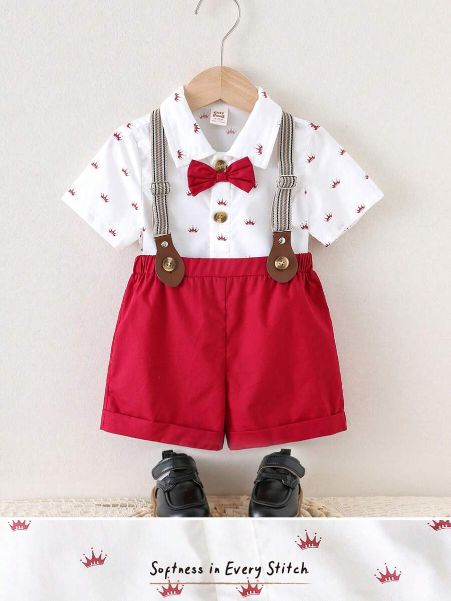 Cozy Pixies 2pcs Baby Boy Elegant Crown Pattern Contrast Color Bowknot Lapel Short Sleeve Shirt And Overalls Shorts Set, Formal Occasion - Burgundy - View 1