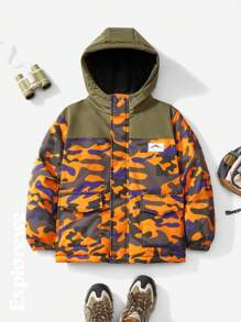 SHEIN Tween Boy Camouflage Print Patchwork Hooded Long Sleeve Jacket, Autumn/Winter - Black - View 3