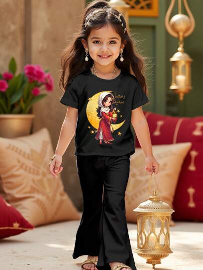 SHEIN 2pcs/Set Ramadan Modest Princess Moon & Star Graphic Tween Girls Casual Crew Neck Short Sleeve T-Shirt & Flare Pants Set, Suitable For Spring/Summer