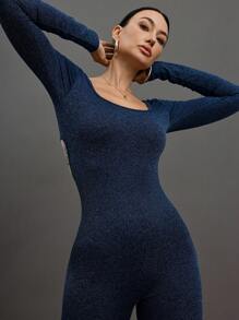 Activina 1pc Women's Solid Color Long Sleeve Simple Casual Shiny Seamless Jumpsuit Sports Outfit - Blue - View 2