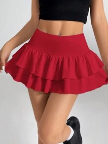 SHEIN PETITE Women's Double Layer Ruffle Hem A-Line Short Skirt - Burgundy - View 1