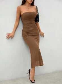 SHEIN PETITE 漸層網紗無肩帶緊身洋裝，適合嬌小女性 - 棕色 - 查看 3