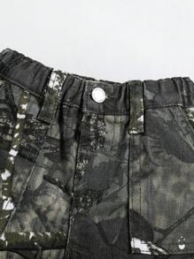 SHEIN Baby Boy Street Cool Camouflage & Branch Print Wide Leg Denim Shorts With Cargo Pocket, For Streetwear - Multicolor - View 3