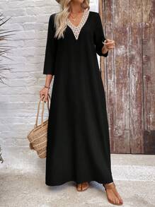 EMERY ROSE Women's Contrast Lace V-Neck Long Sleeve Casual Long Dress