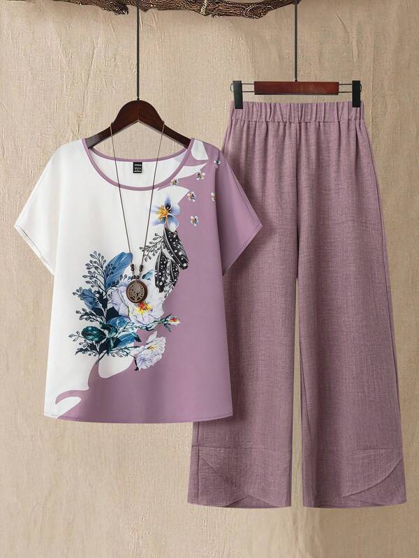 EMERY ROSE 2pcs Women's Dropped Shoulder Floral Print Blouse And Solid Color Pants Set