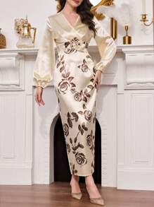 Modelyn 女式紧身性感长袖花卉拼布紧身连衣裙 - 杏色 - 查看 3