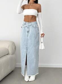 EURMUSE LOW RISE MAXI DENIM SKIRT WITH SLIT AND BELT DETAIL - Light Wash - View 3