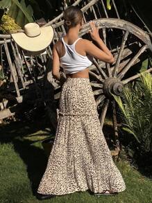 Livesso 女士豹纹荷叶边褶裥半身裙，休闲百搭，适合春夏秋季度假穿着，花卉图案。 - 棕色 - 查看 2