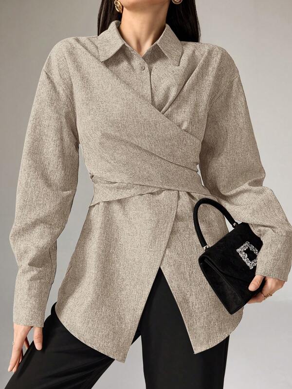 Heiryn قميص نسائي طويل الأكمام بلا طباعة، أنيق، للموسم الخريفي