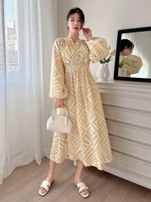 DAZY Bata con mangas de farol con estampado geométrico, vestido de verano ceñido a la cintura para mujer, primavera/verano