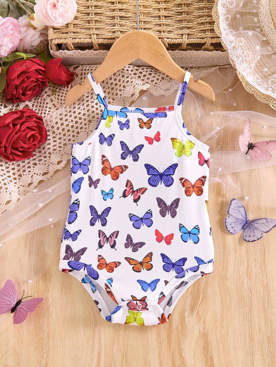 SHEIN Summer Cute Knitted Butterfly Pattern Bodysuit For Baby Girls - White - View 1